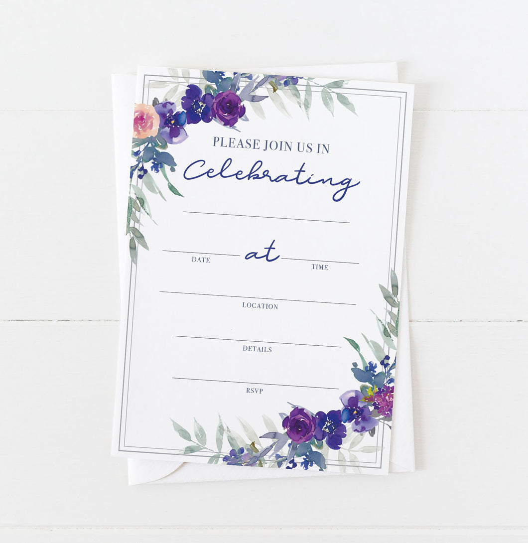 Purple Floral Bridal, Wedding Invitations w/Envelopes (25 Count)