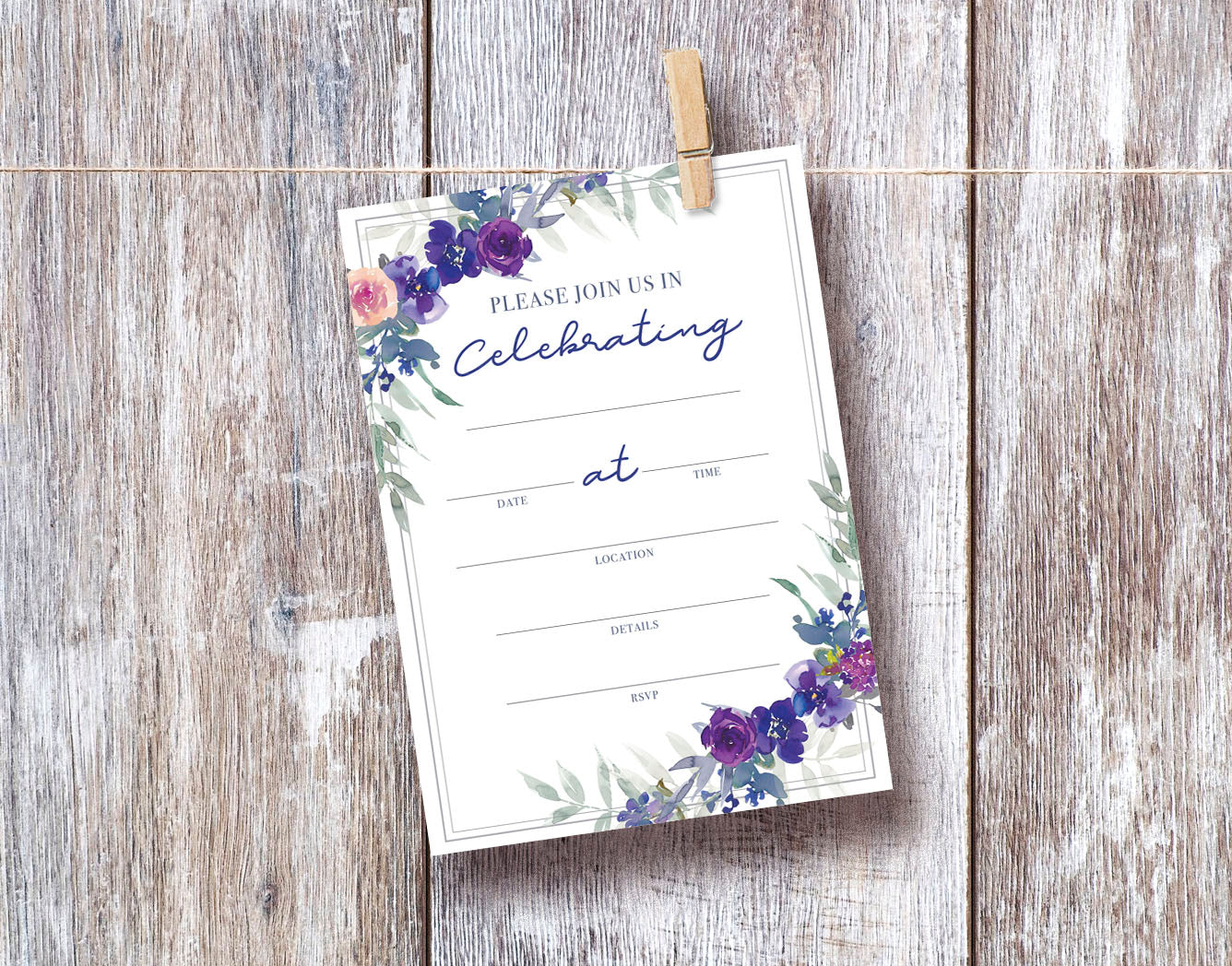 Purple Floral Bridal, Wedding Invitations w/Envelopes (25 Count)