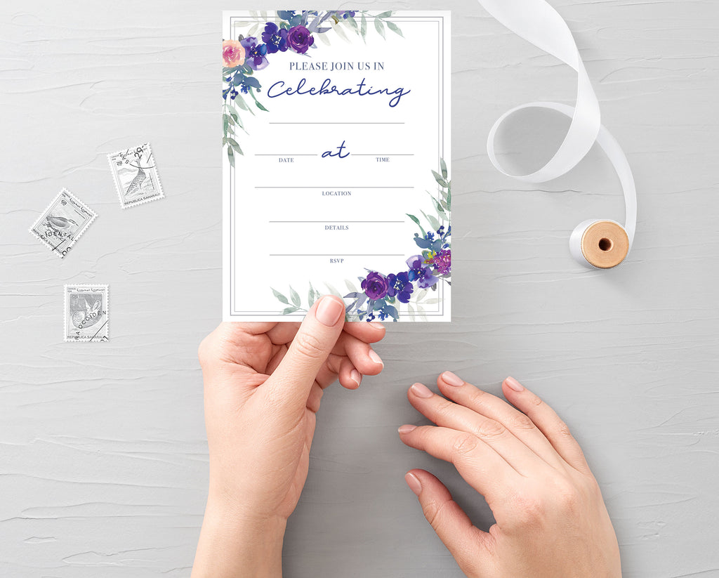 Purple Floral Bridal, Wedding Invitations w/Envelopes (25 Count)